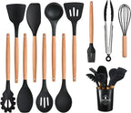 12-Piece Silicone Cooking Utensils Set with Wooden Handles