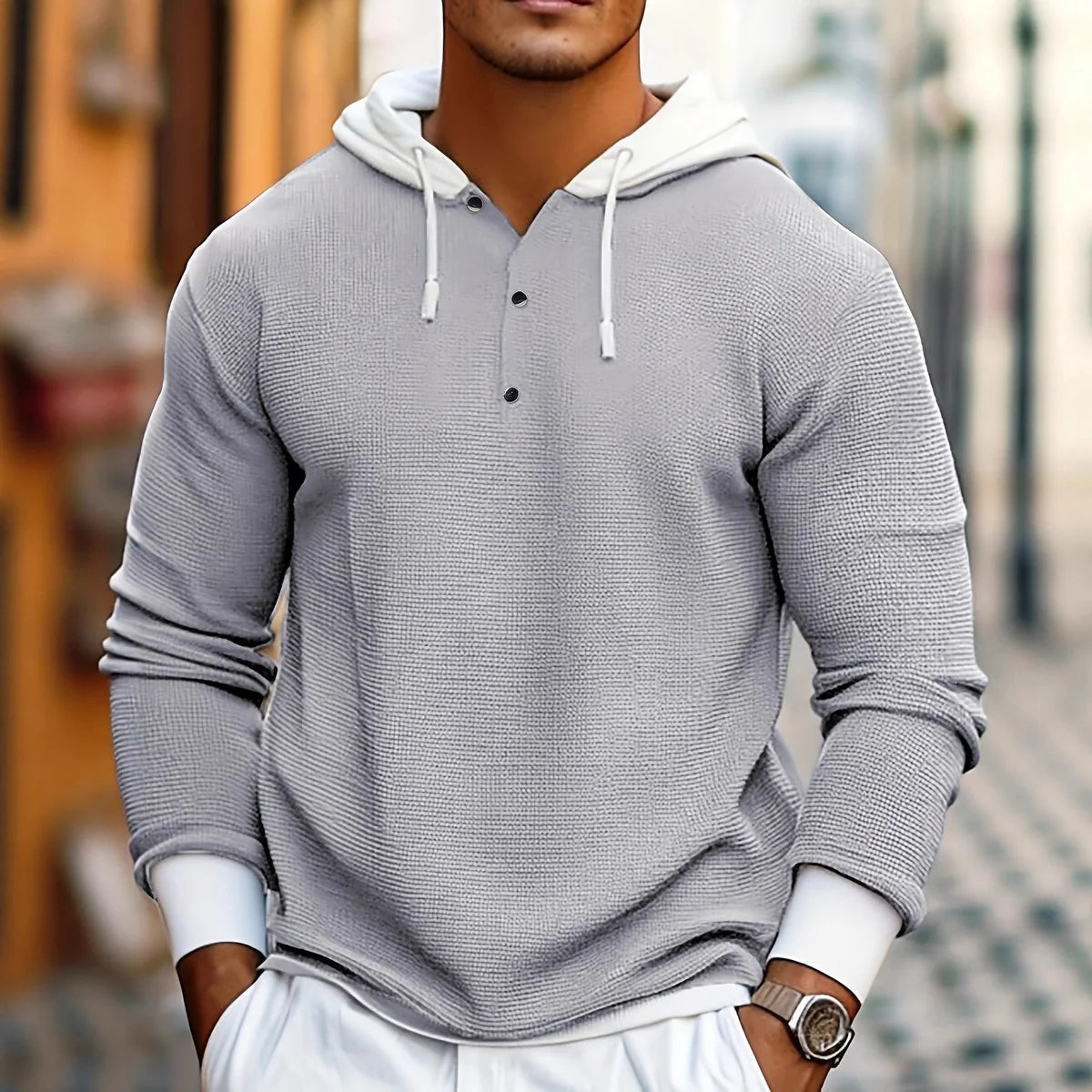 FallWinter Casual Textured Waffle-knit Contrast-color Long-sleeve Hoodie With Buttons